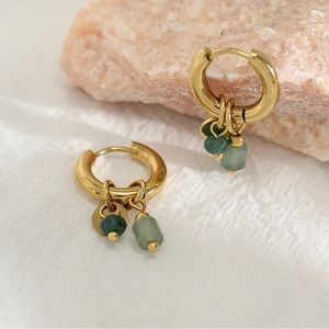 18K Gold Plated Stainless Steel Hoop Earrings Green Beads